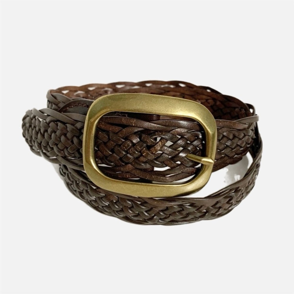 New York and Company Wide Braided Bonded Leather Belt Large Brass Belt Buckle